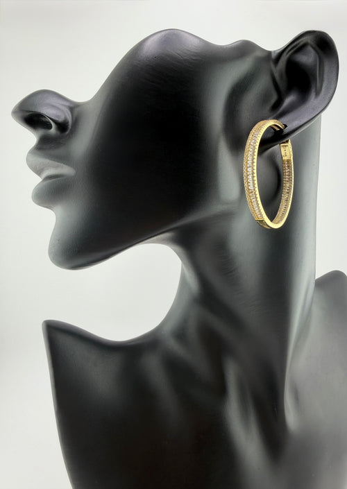 925 Sterling Silver Gold Plated Baguette & Round Cubic Zirconia Pavé Hoop Earrings
