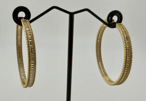 925 Sterling Silver Gold Plated Baguette & Round Cubic Zirconia Pavé Hoop Earrings