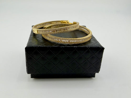 925 Sterling Silver Gold Plated Baguette & Round Cubic Zirconia Pavé Hoop Earrings