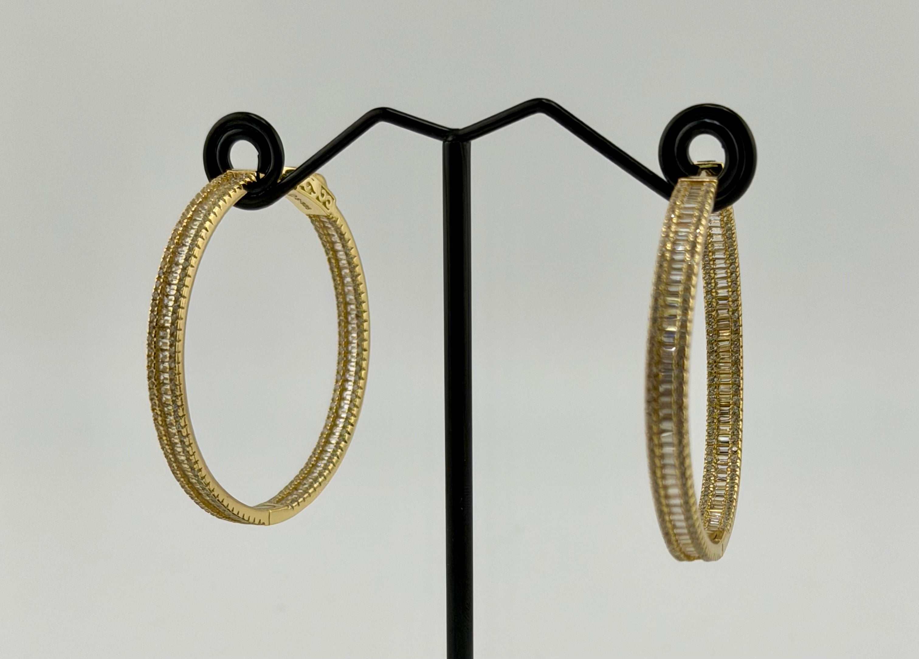 925 Sterling Silver Gold Plated Baguette & Round Cubic Zirconia Pavé Hoop Earrings