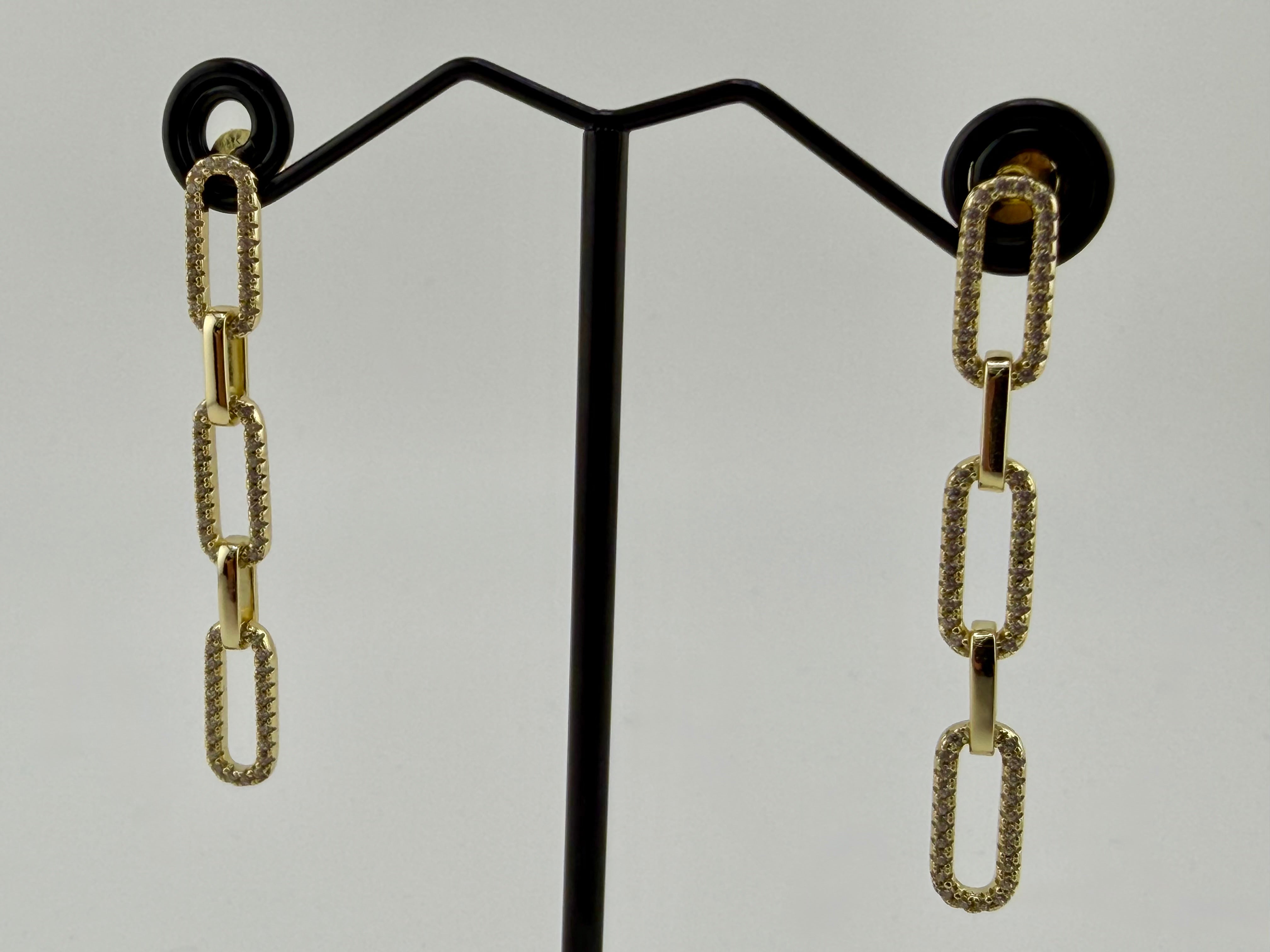 925 Sterling Silver Gold Plated Cubic Zirconia Pavé Chain Link Drop Earrings