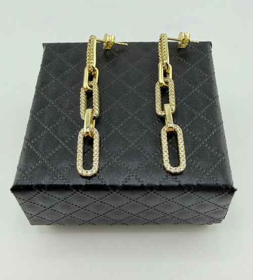 925 Sterling Silver Gold Plated Cubic Zirconia Pavé Chain Link Drop Earrings
