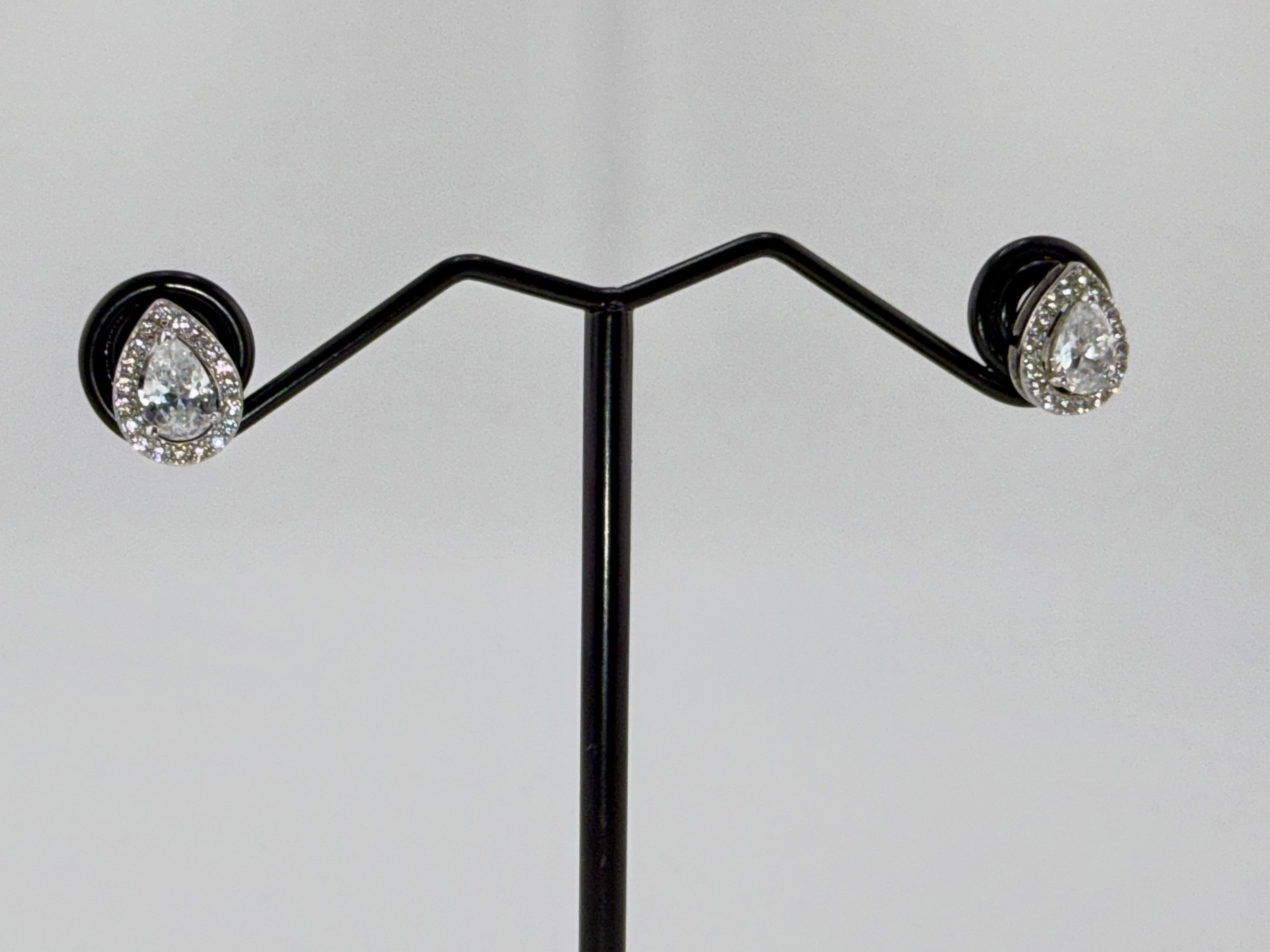 925 Sterling Silver Cubic Zirconia Pear Cut Halo Stud Earrings