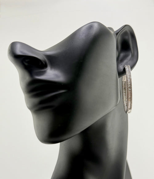 925 Sterling Silver Baguette & Round Cubic Zirconia Pavé Large Hoop Earrings