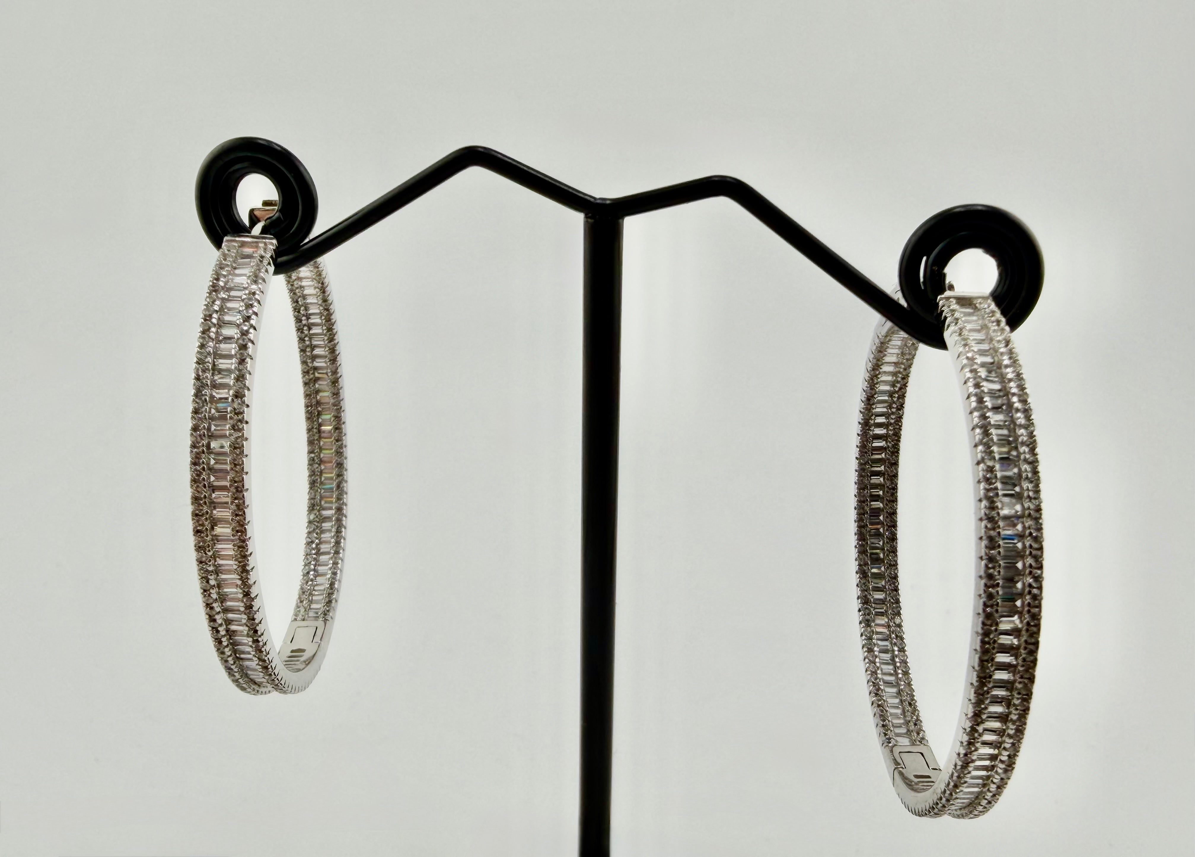 925 Sterling Silver Baguette & Round Cubic Zirconia Pavé Large Hoop Earrings