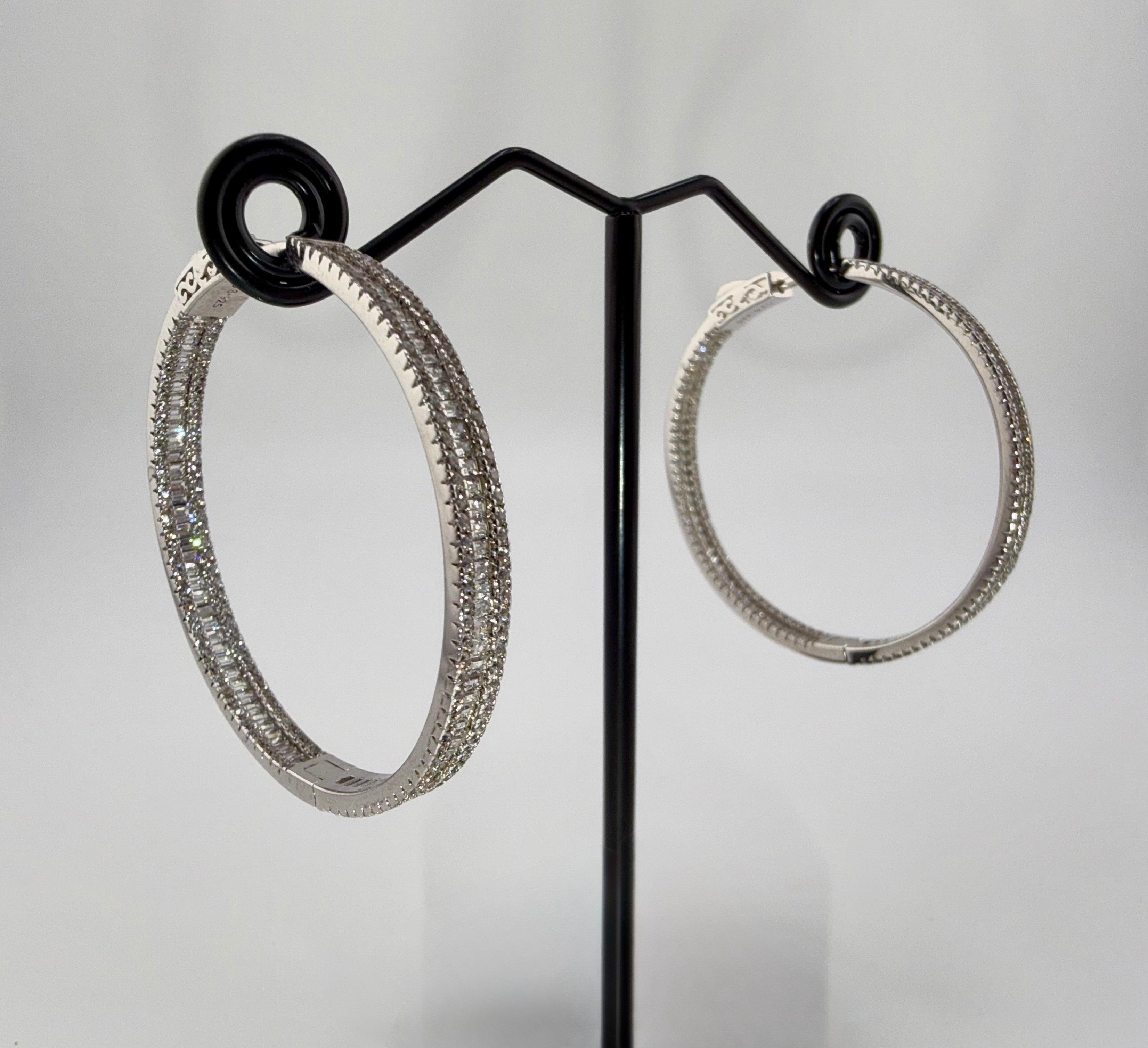 925 Sterling Silver Baguette & Round Cubic Zirconia Pavé Large Hoop Earrings