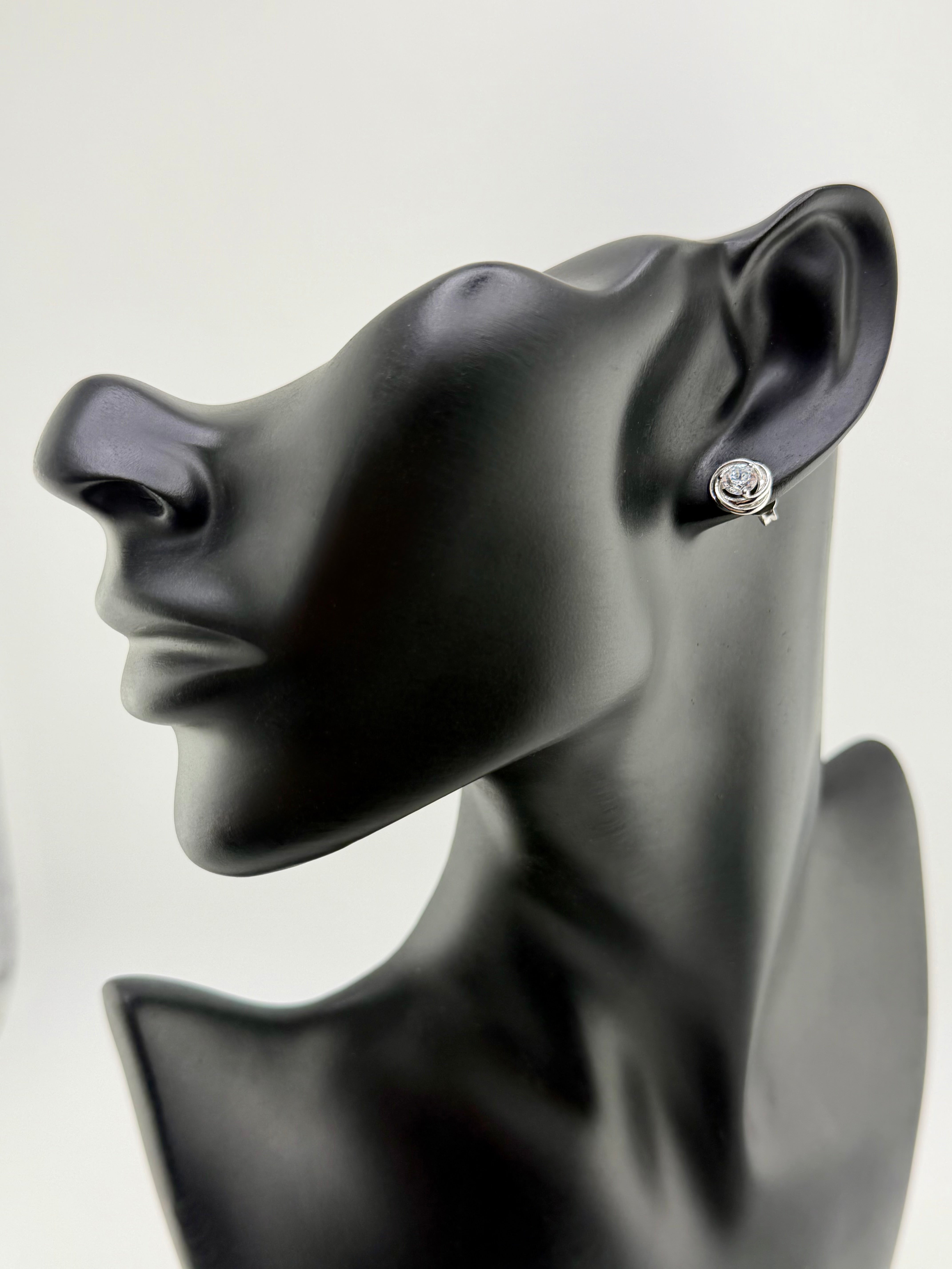 925 Sterling Silver Cubic Zirconia Swirl Bezel Solitaire Stud Earrings