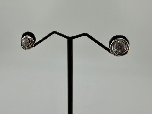 925 Sterling Silver Cubic Zirconia Swirl Bezel Solitaire Stud Earrings