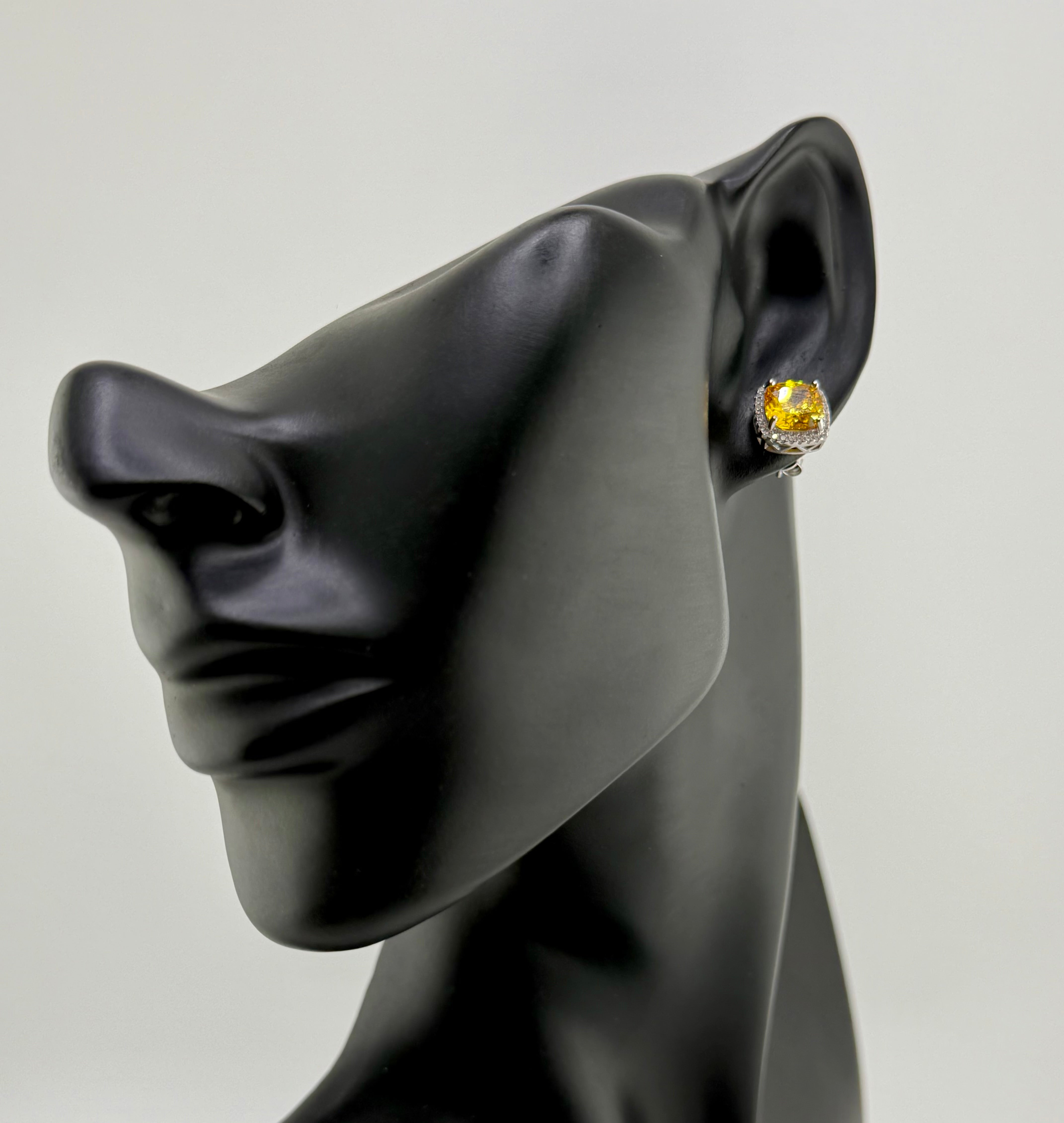 925 Sterling Silver Cushion Cut Yellow Cubic Zirconia Pavé Halo Stud Earrings