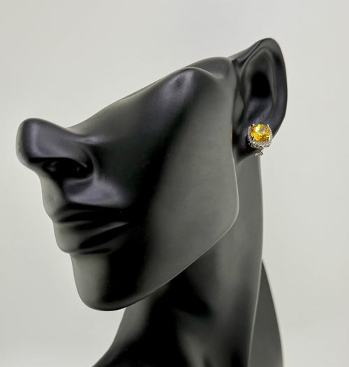925 Sterling Silver Cushion Cut Yellow Cubic Zirconia Pavé Halo Stud Earrings