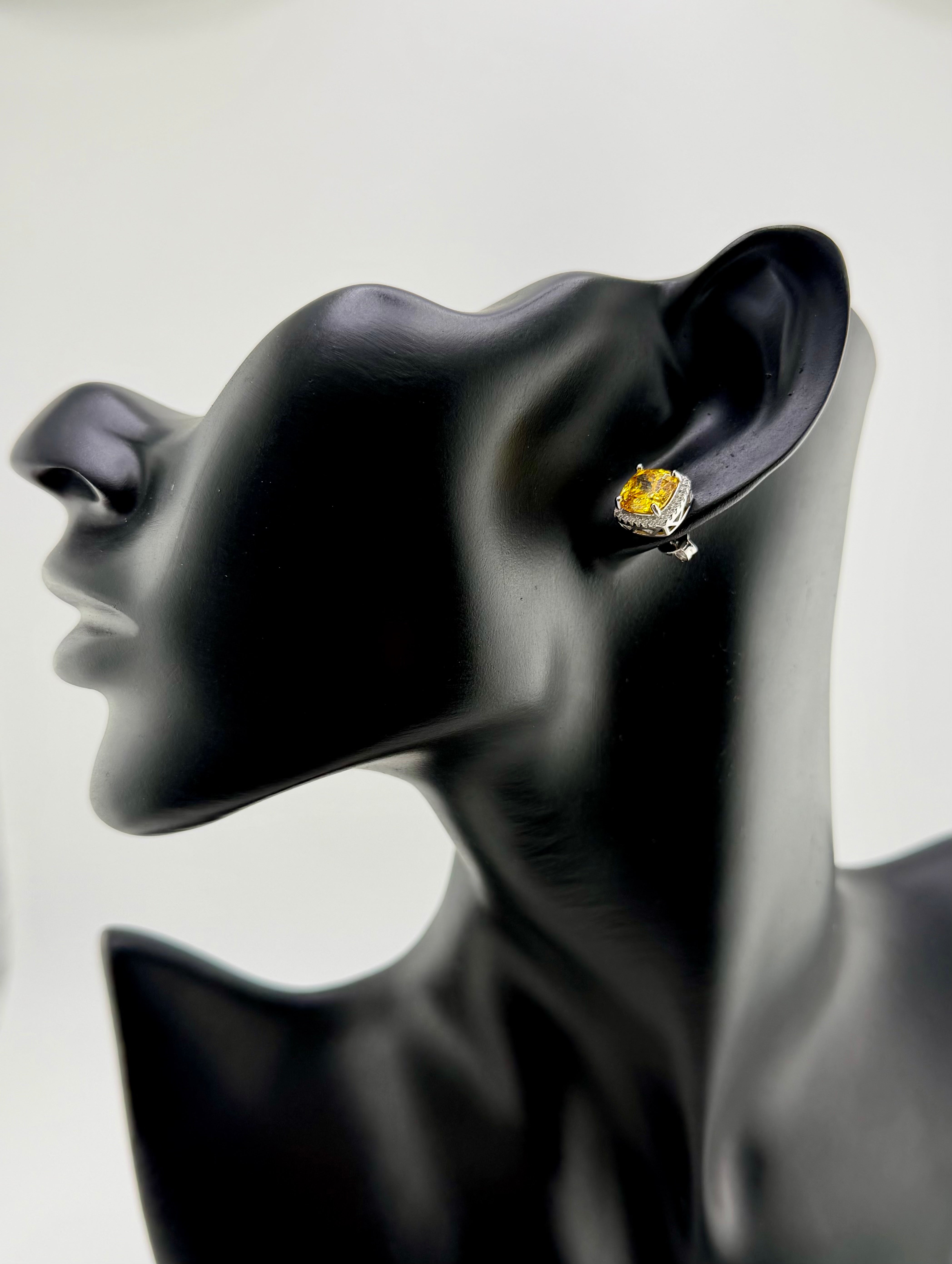 925 Sterling Silver Cushion Cut Yellow Cubic Zirconia Pavé Halo Stud Earrings