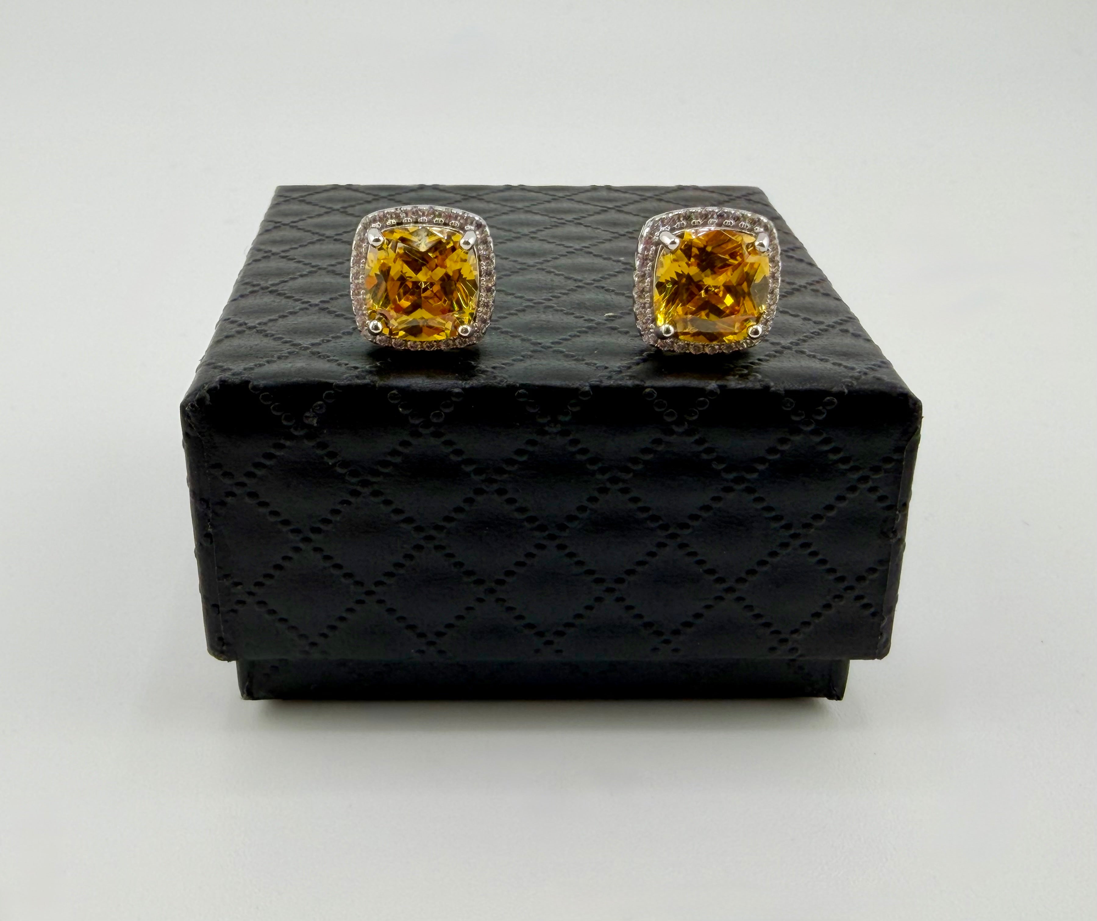 925 Sterling Silver Cushion Cut Yellow Cubic Zirconia Pavé Halo Stud Earrings