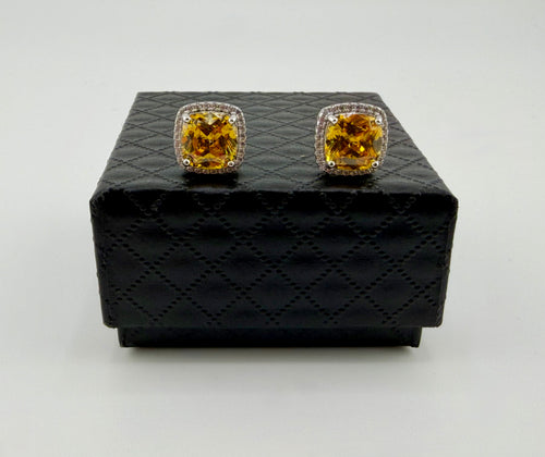 925 Sterling Silver Cushion Cut Yellow Cubic Zirconia Pavé Halo Stud Earrings