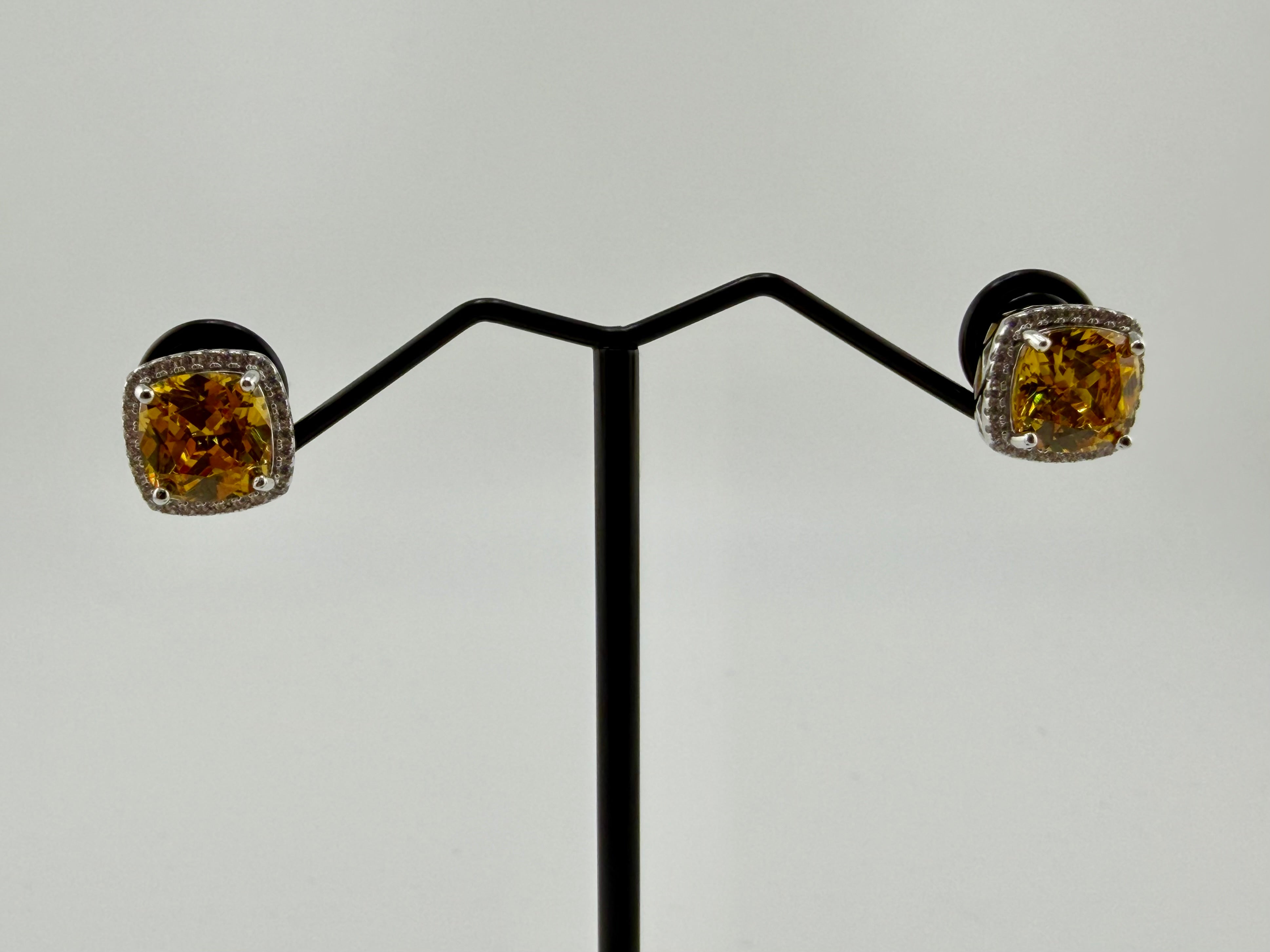 925 Sterling Silver Cushion Cut Yellow Cubic Zirconia Pavé Halo Stud Earrings