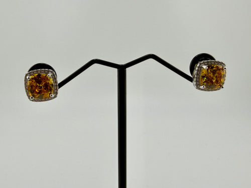 925 Sterling Silver Cushion Cut Yellow Cubic Zirconia Pavé Halo Stud Earrings
