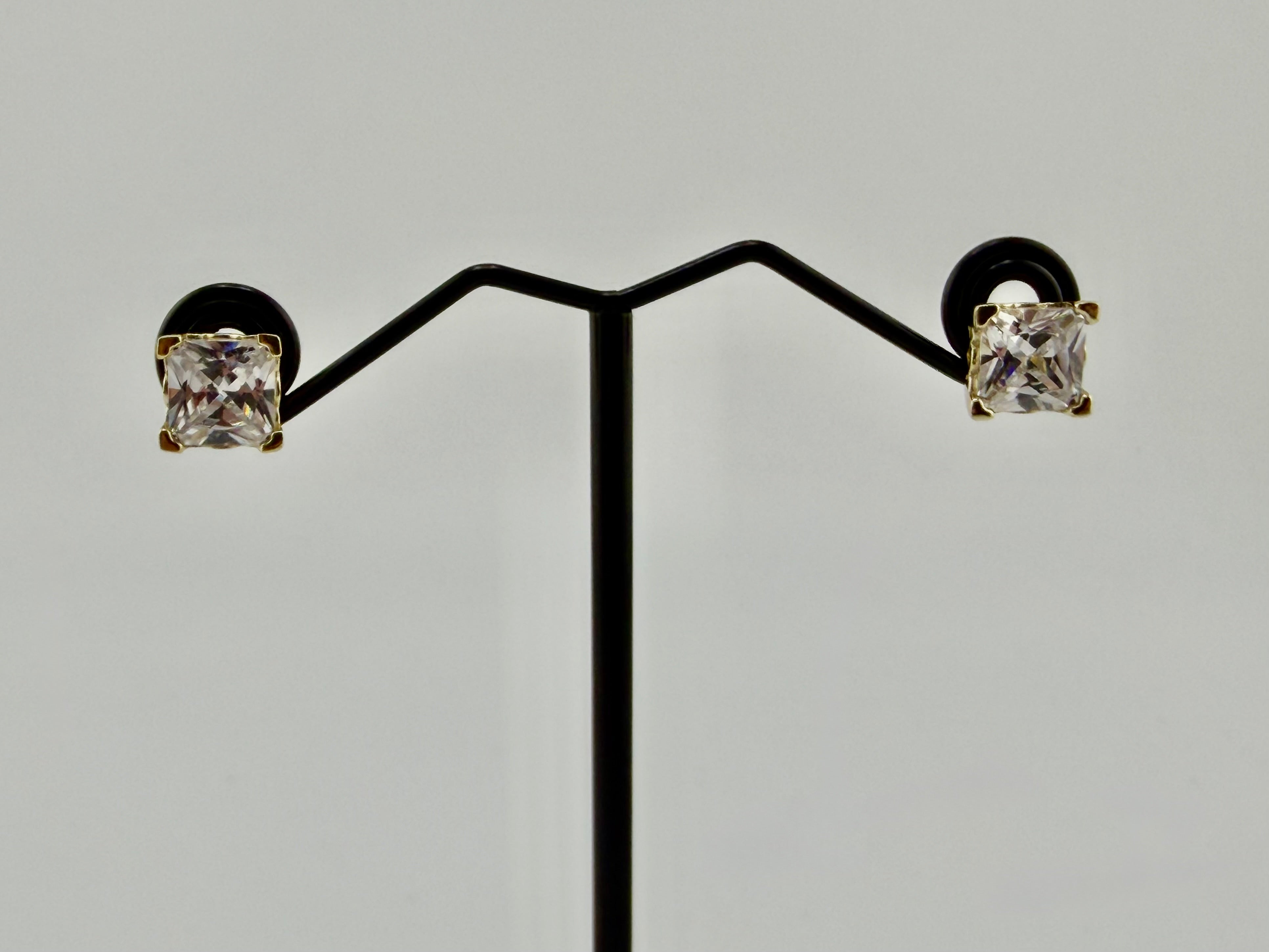 925 Sterling Silver Gold Plated Princess Cut Cubic Zirconia Solitaire Stud Earrings