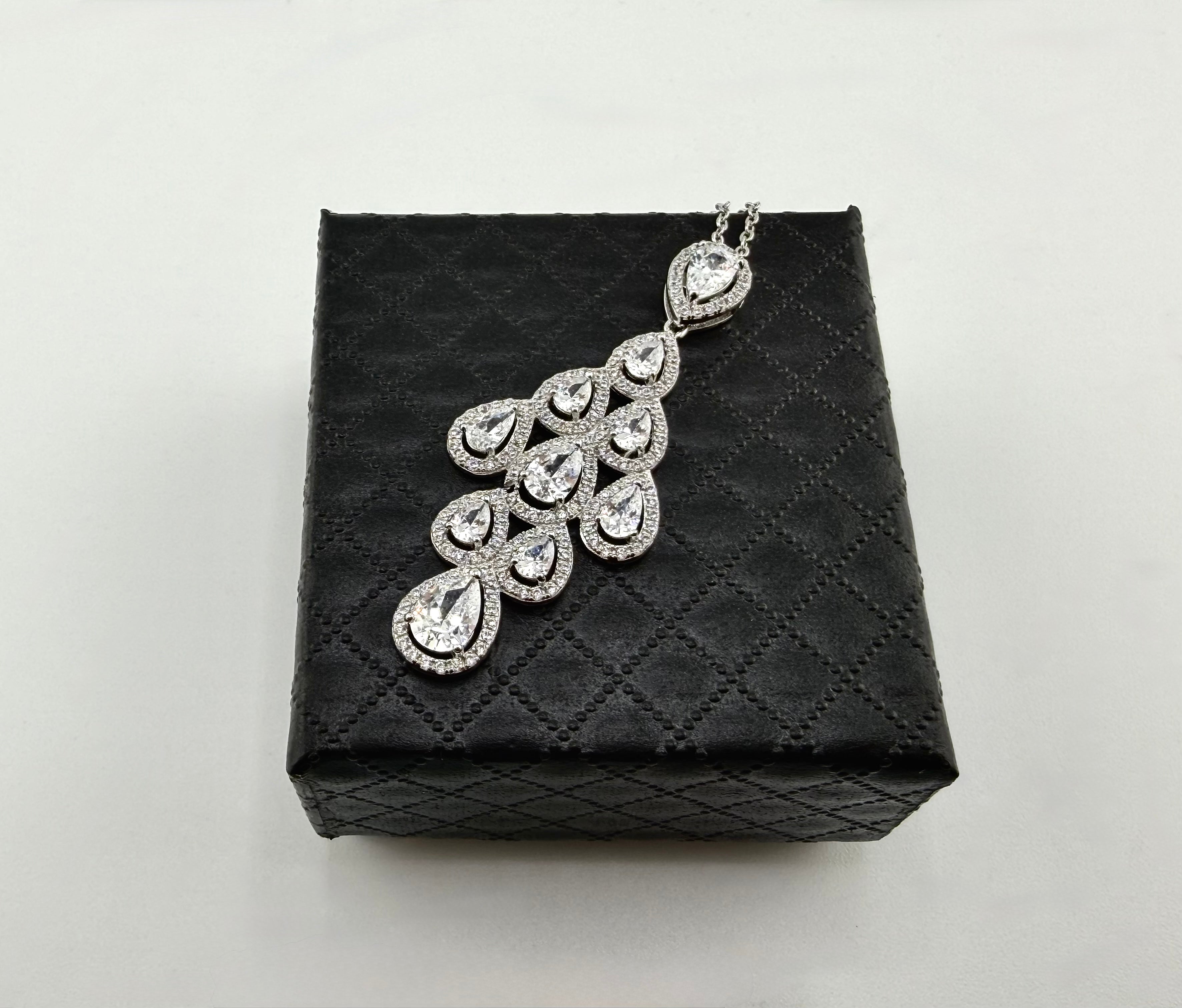 925 Sterling Silver Pear CZ Halo Cluster Pendant Necklace