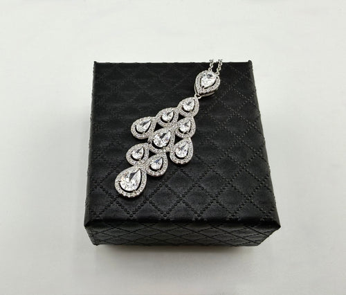 925 Sterling Silver Pear CZ Halo Cluster Pendant Necklace