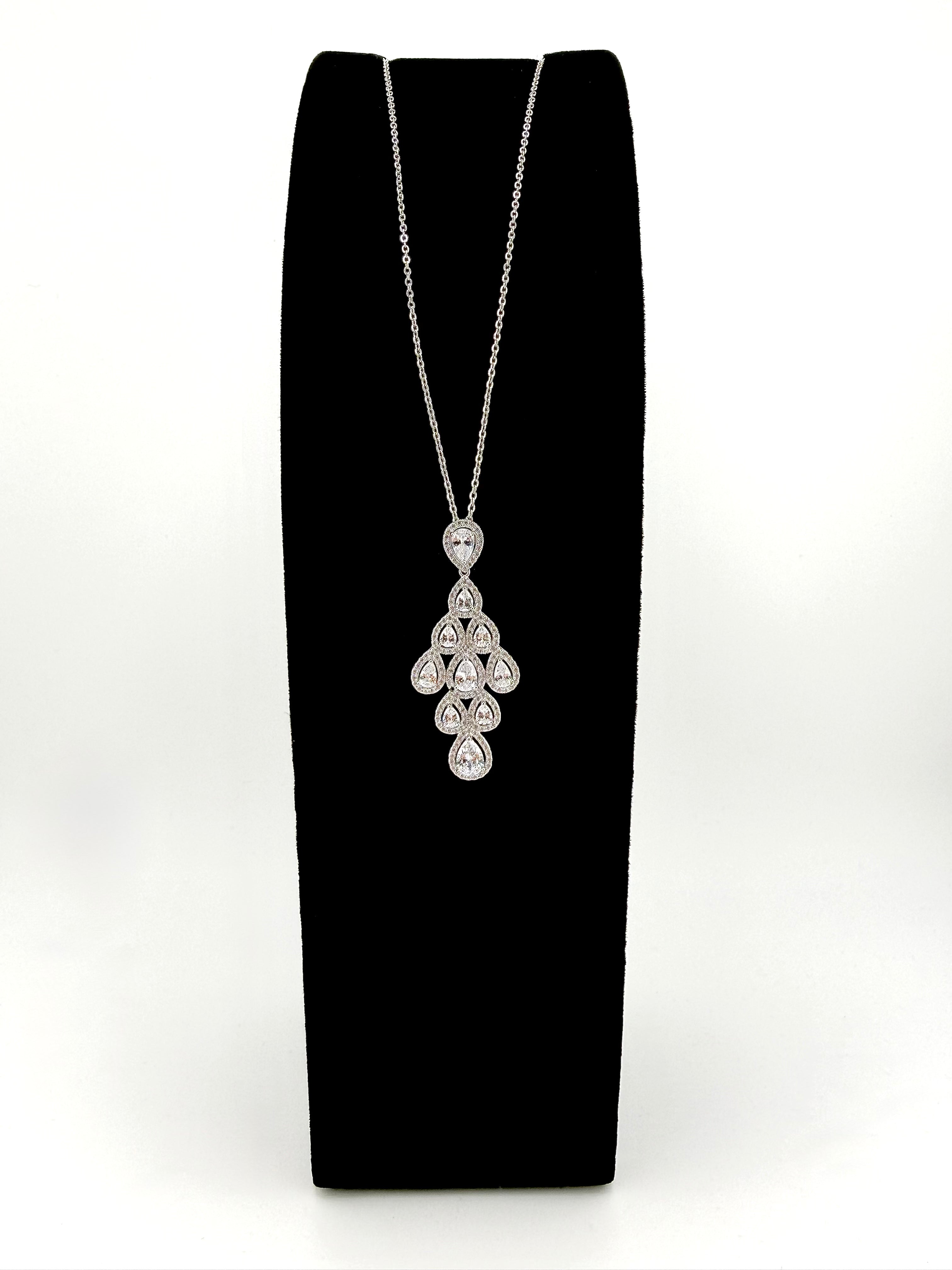 925 Sterling Silver Pear CZ Halo Cluster Pendant Necklace