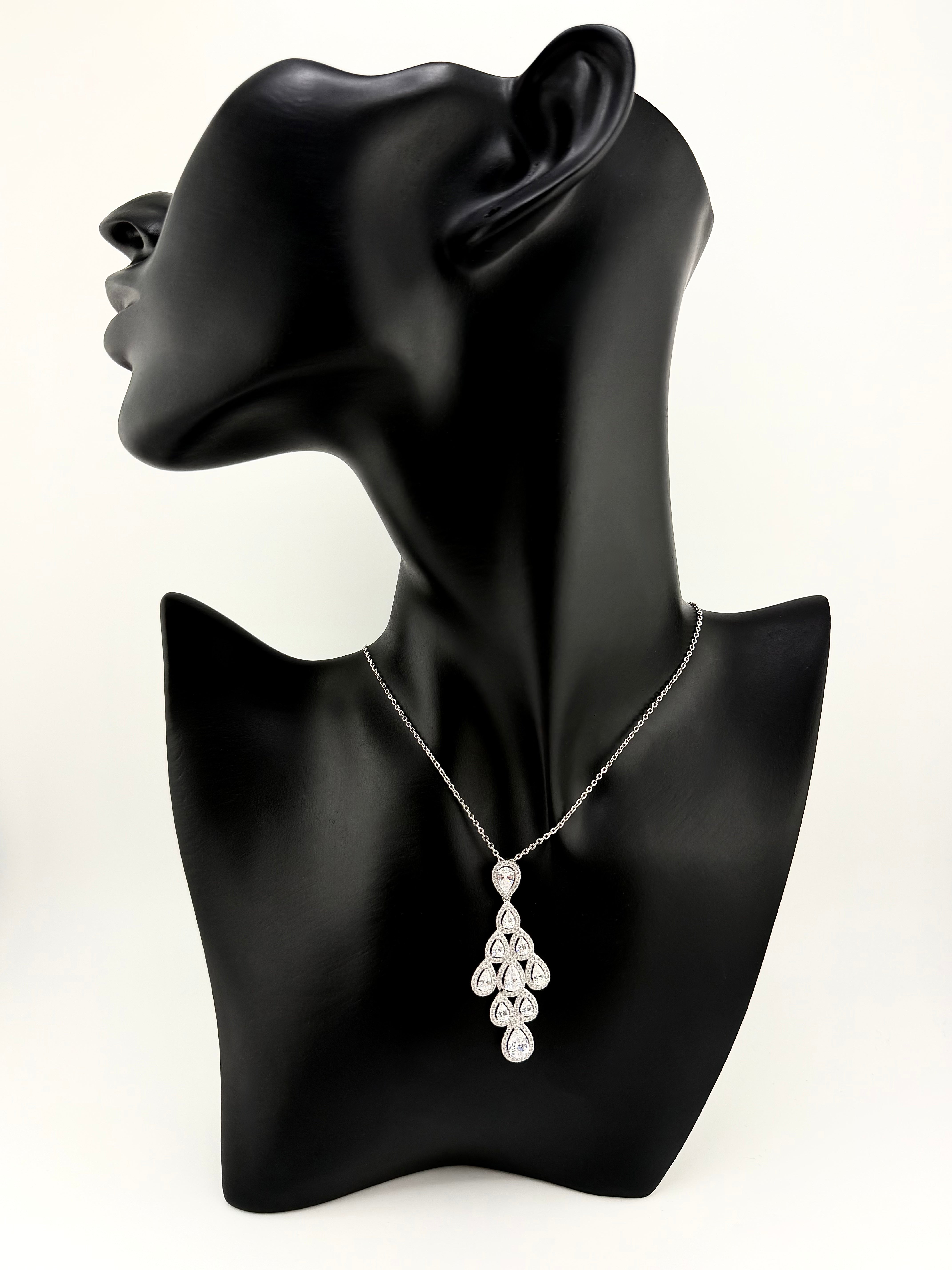 925 Sterling Silver Pear CZ Halo Cluster Pendant Necklace