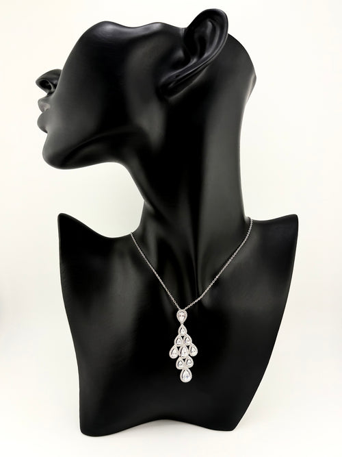 925 Sterling Silver Pear CZ Halo Cluster Pendant Necklace
