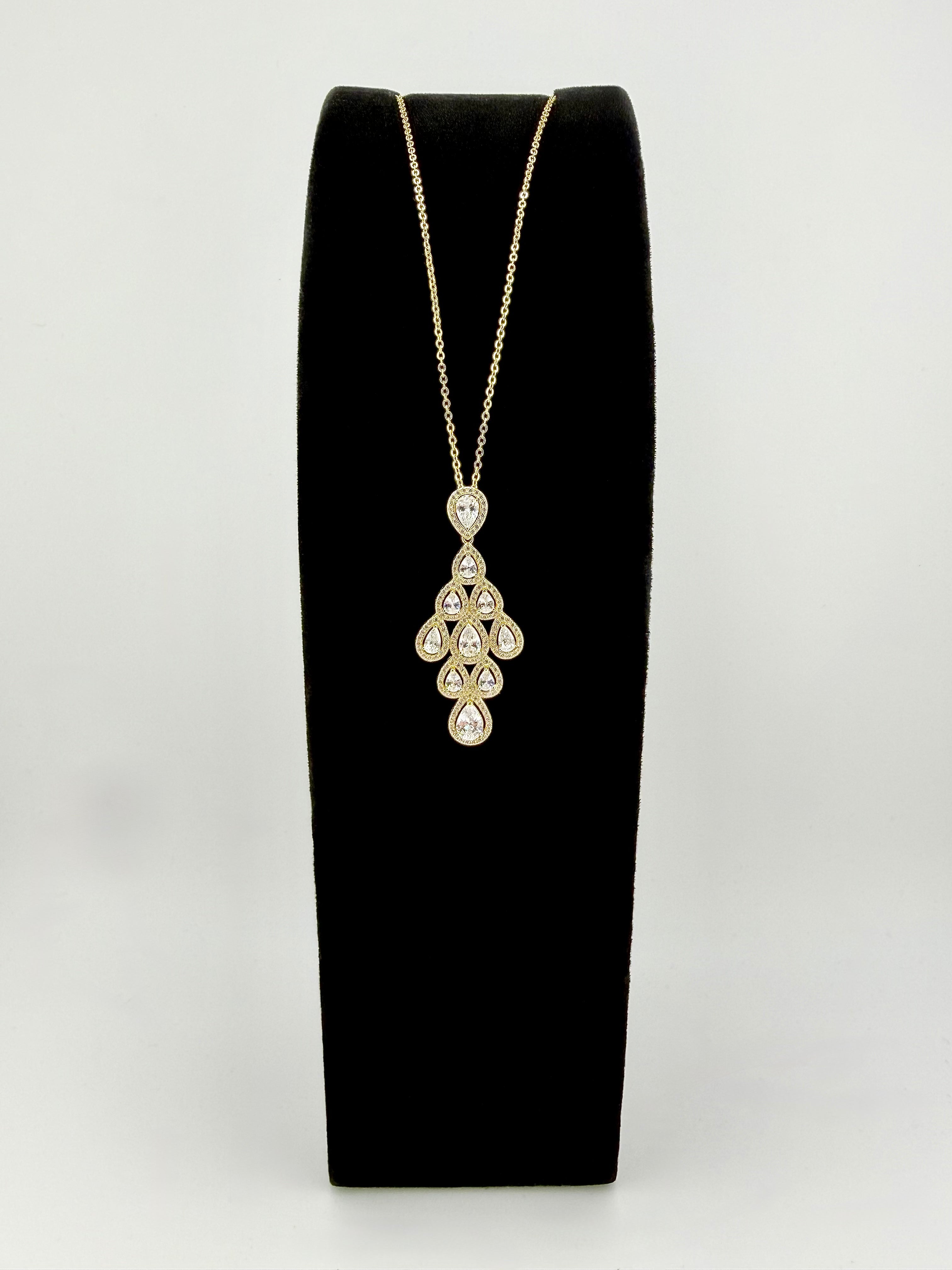 925 Sterling Silver Gold Plated Pear CZ Halo Cluster Pendant Necklace