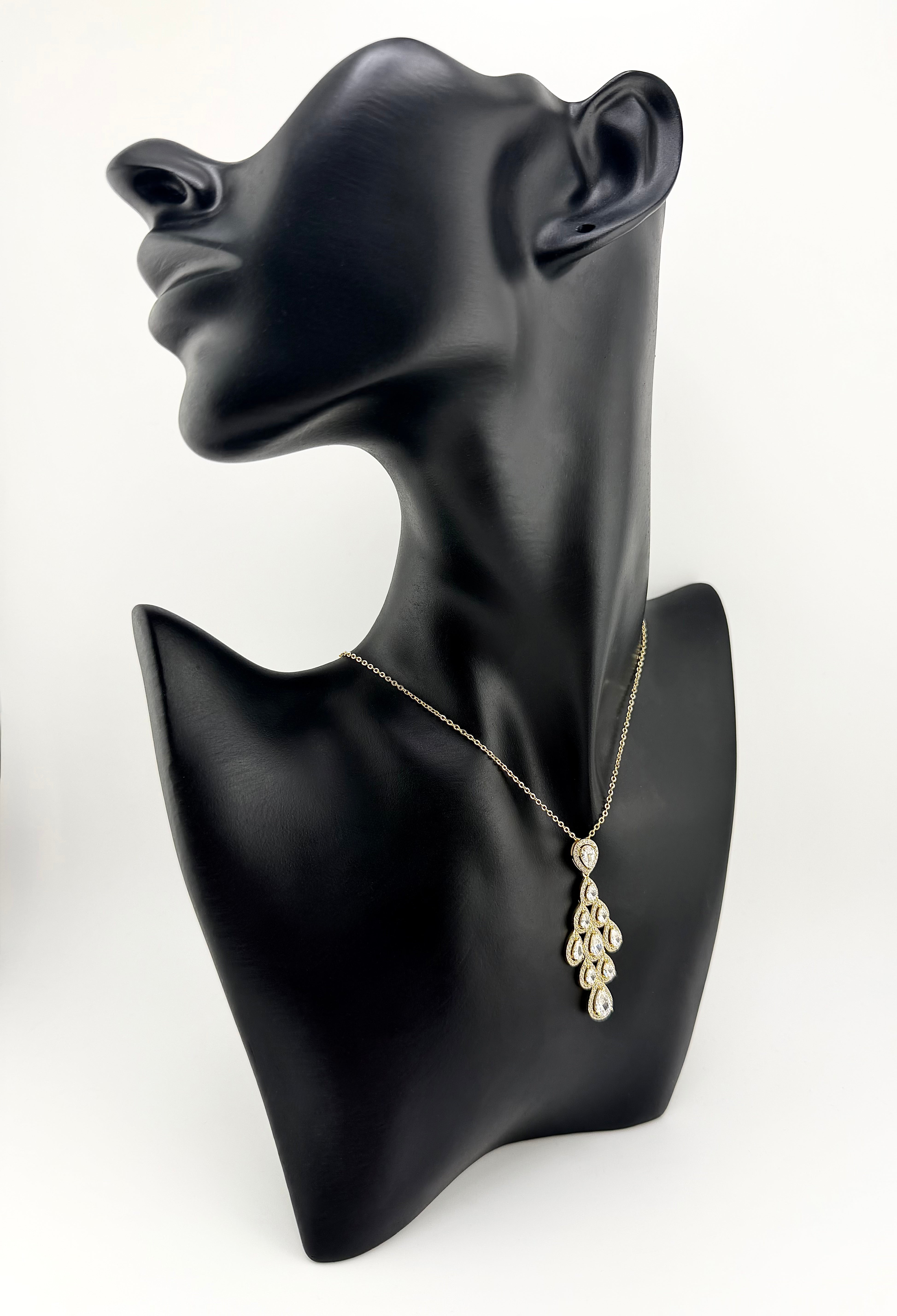 925 Sterling Silver Gold Plated Pear CZ Halo Cluster Pendant Necklace