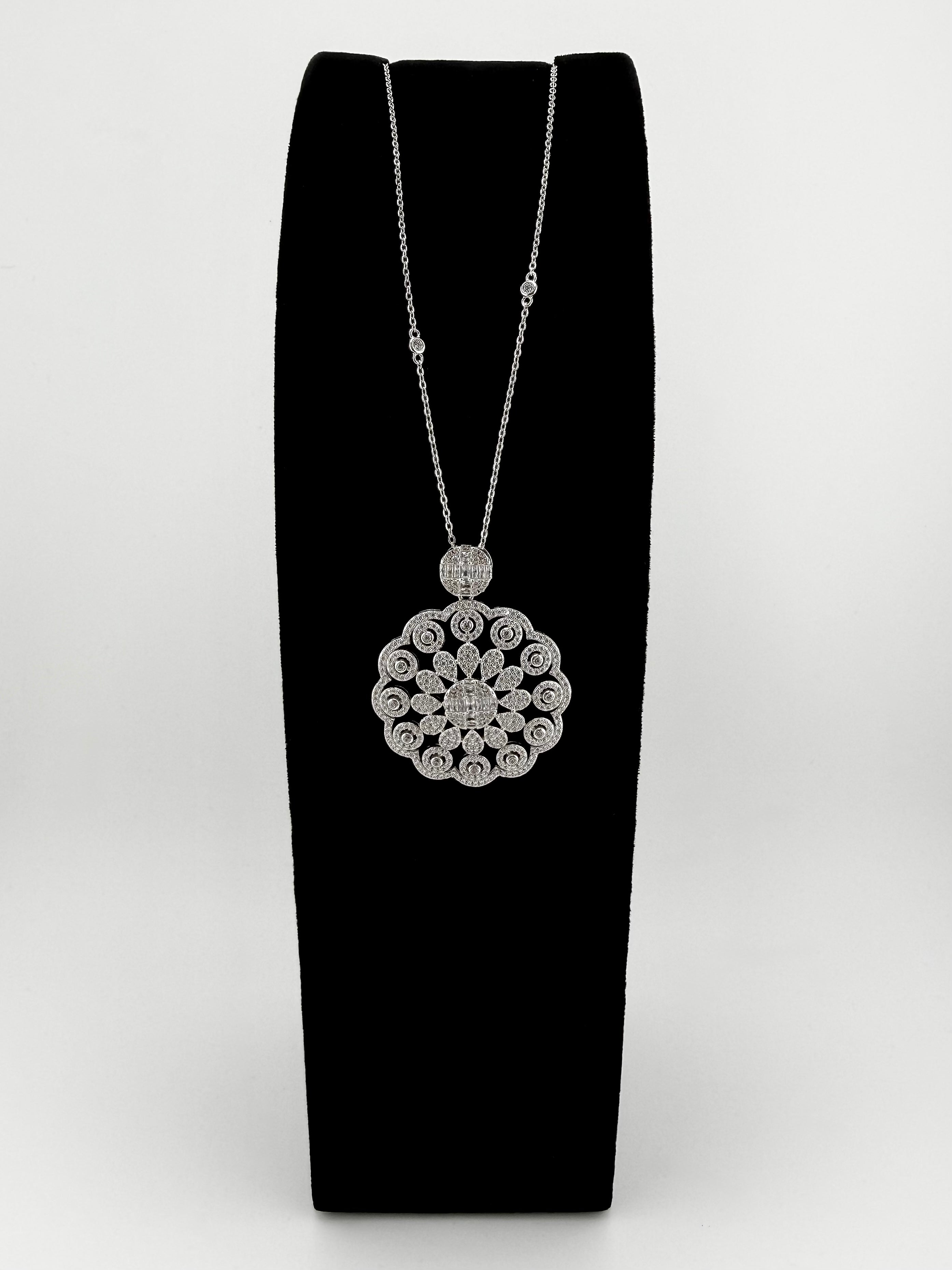 925 Sterling Silver Baguette & Pavé CZ Cluster Disc Pendant Station Necklace