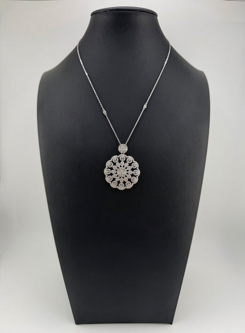 925 Sterling Silver Baguette & Pavé CZ Cluster Disc Pendant Station Necklace