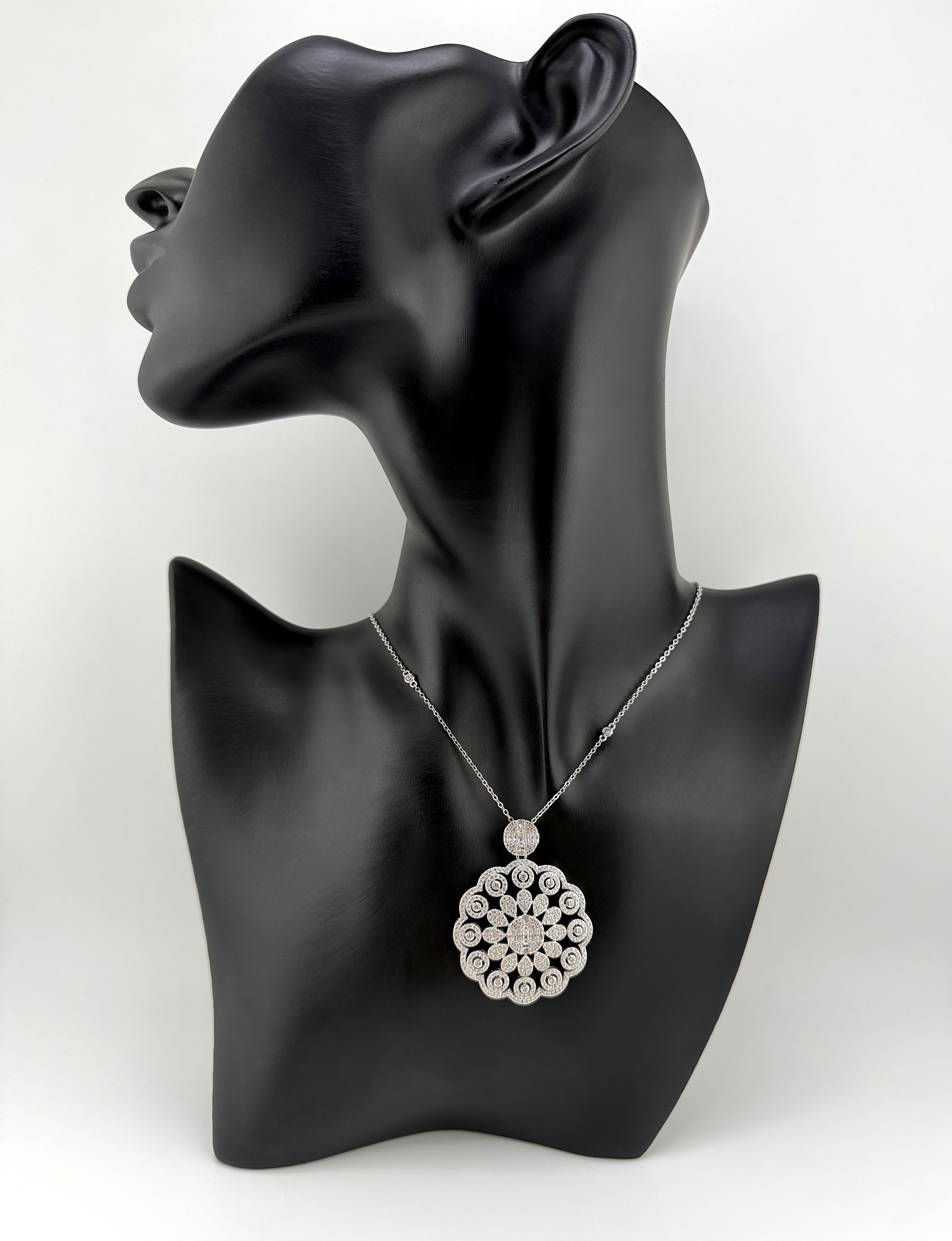 925 Sterling Silver Baguette & Pavé CZ Cluster Disc Pendant Station Necklace