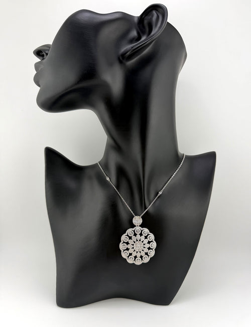 925 Sterling Silver Baguette & Pavé CZ Cluster Disc Pendant Station Necklace