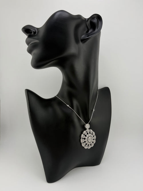 925 Sterling Silver Baguette & Pavé CZ Cluster Disc Pendant Station Necklace