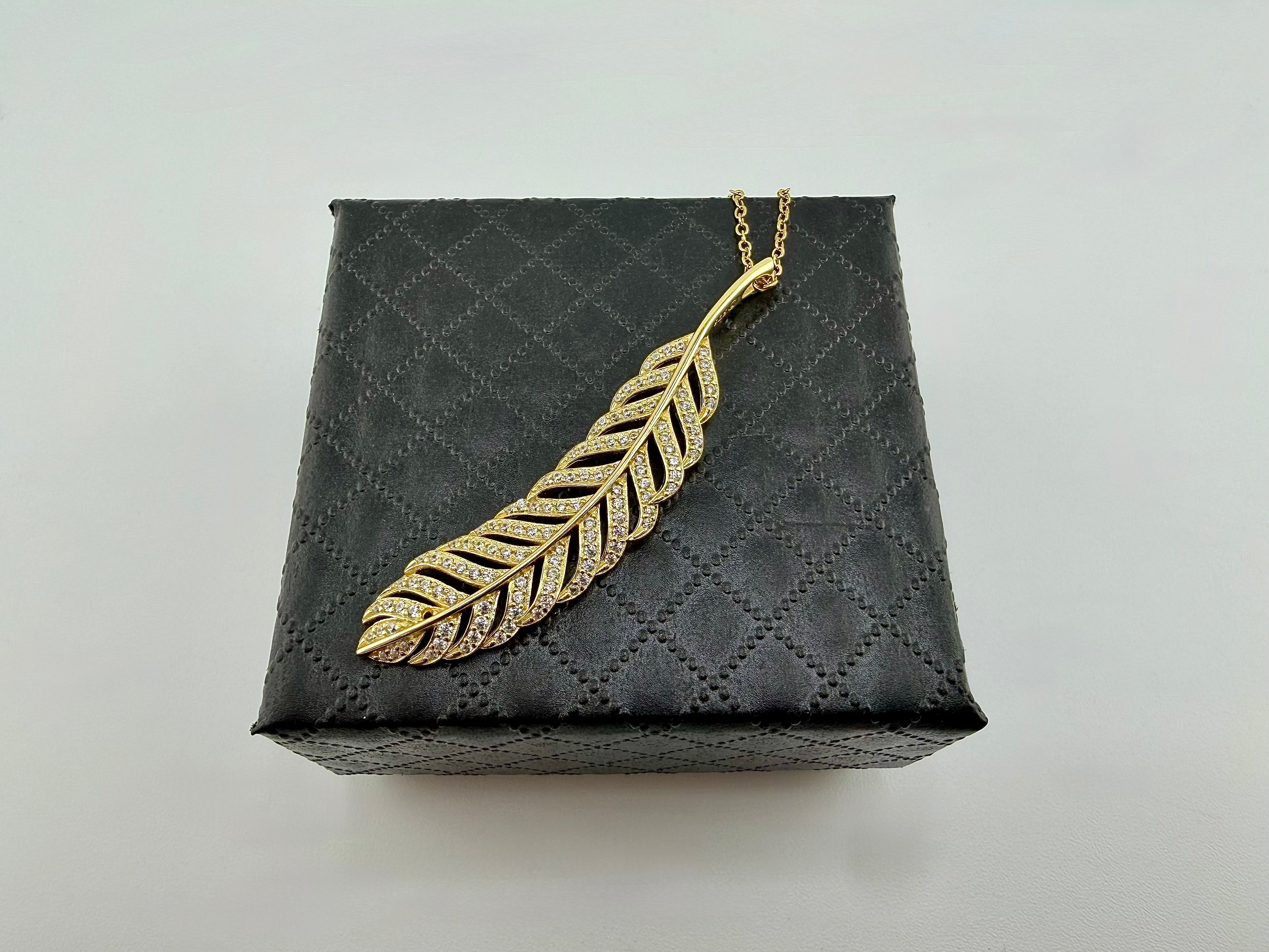 925 Sterling Silver Gold Plated CZ Pavé Feather Pendant Necklace