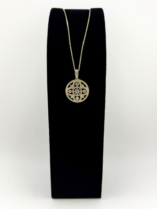 925 Sterling Silver Gold Plated CZ Floral Mandala Round Pendant Necklace