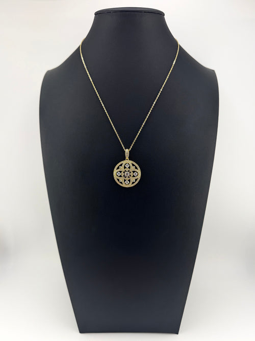 925 Sterling Silver Gold Plated CZ Floral Mandala Round Pendant Necklace