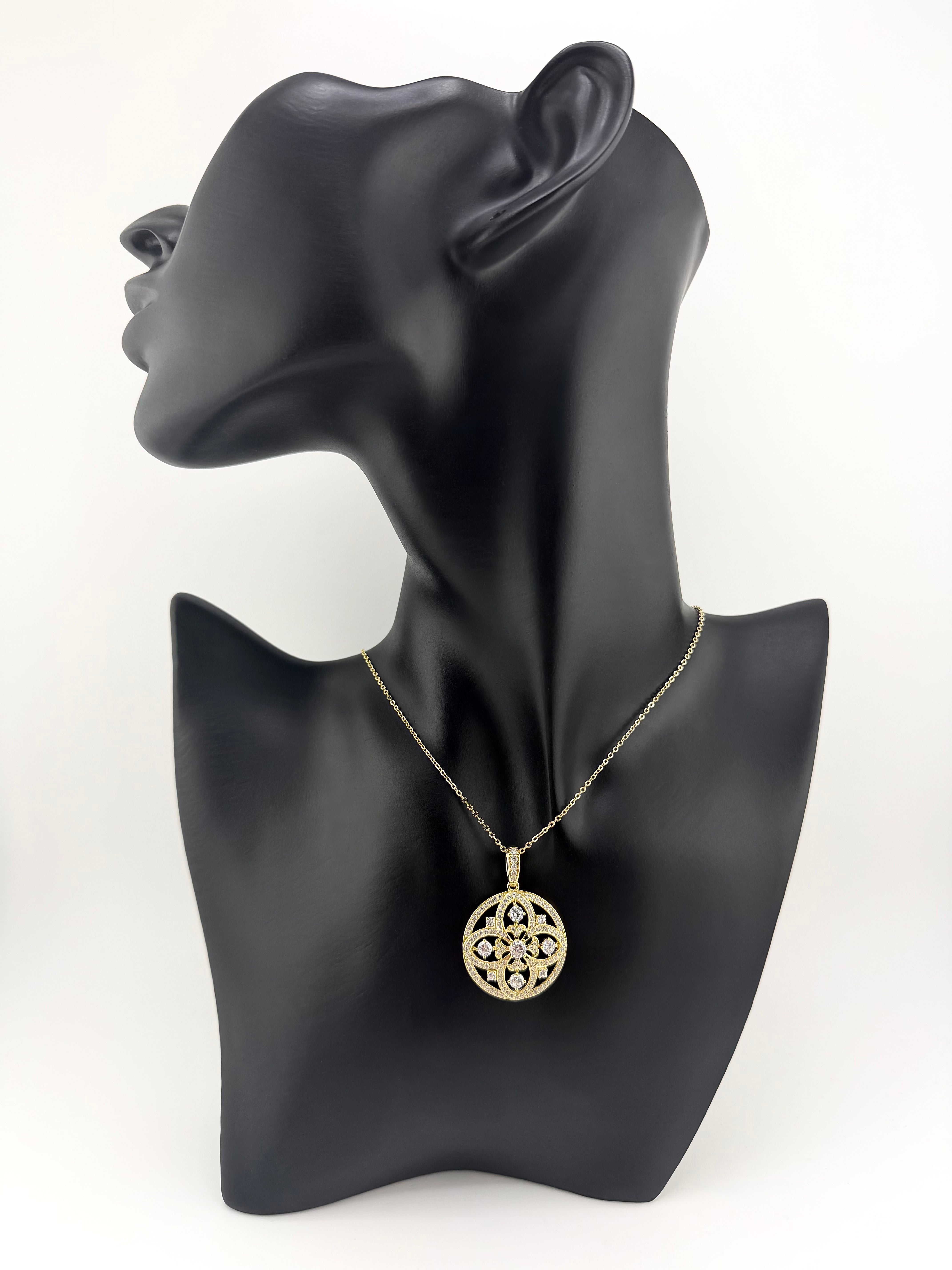 925 Sterling Silver Gold Plated CZ Floral Mandala Round Pendant Necklace