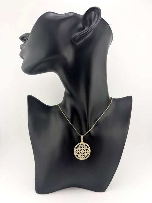 925 Sterling Silver Gold Plated CZ Floral Mandala Round Pendant Necklace