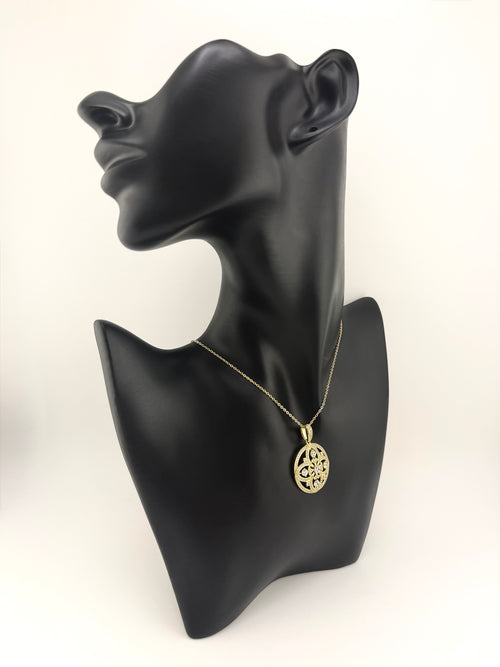 925 Sterling Silver Gold Plated CZ Floral Mandala Round Pendant Necklace
