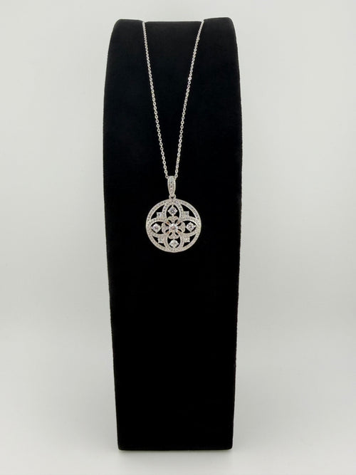 925 Sterling Silver CZ Floral Mandala Round Pendant Necklace