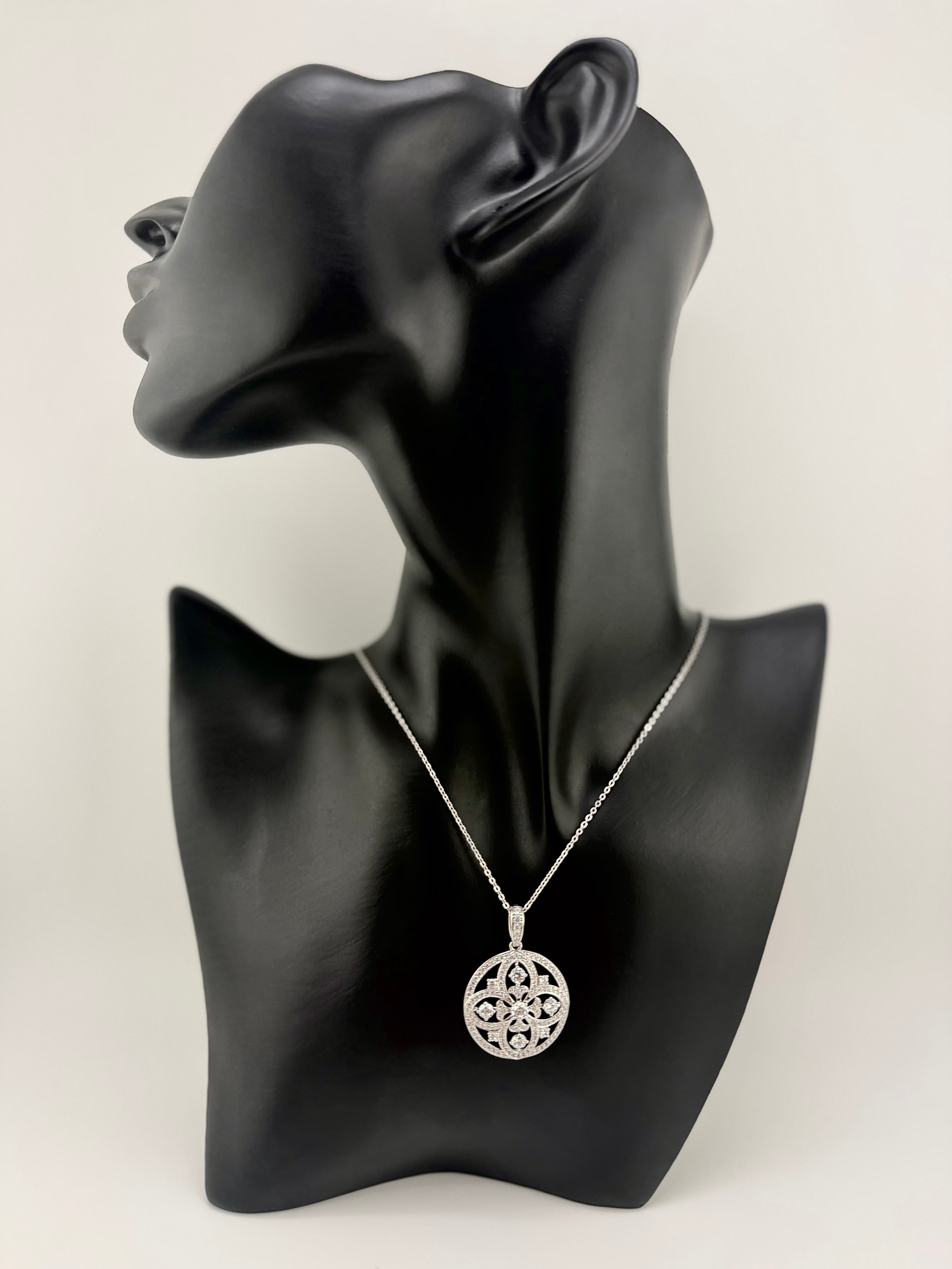 925 Sterling Silver CZ Floral Mandala Round Pendant Necklace