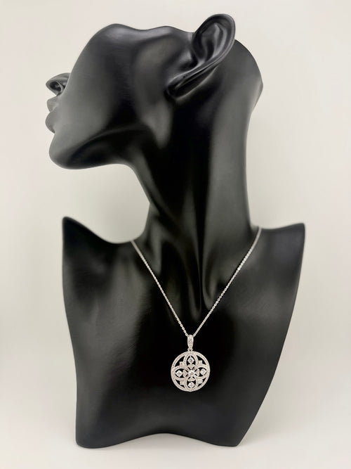 925 Sterling Silver CZ Floral Mandala Round Pendant Necklace