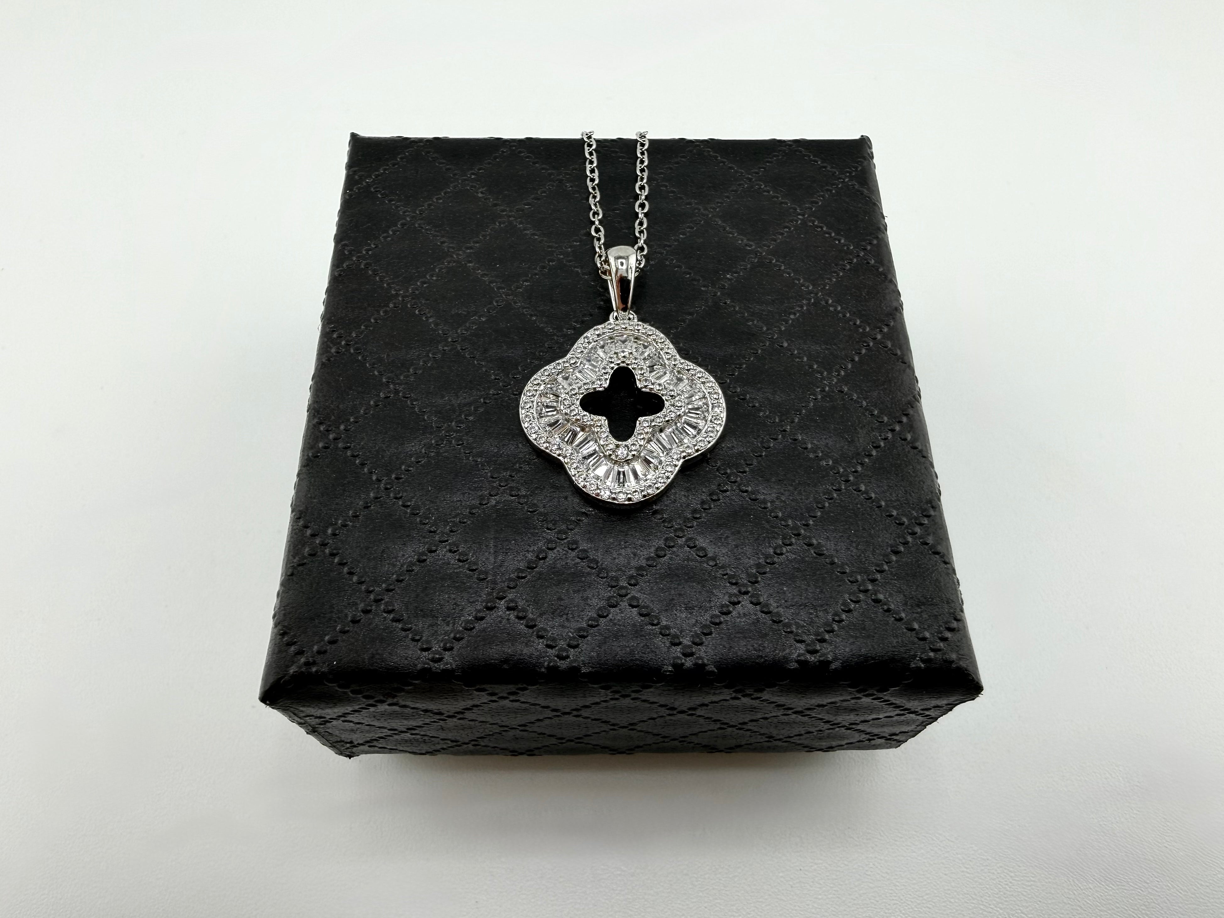 925 Sterling Silver Baguette & Pavé CZ Open Clover Quatrefoil Pendant Necklace