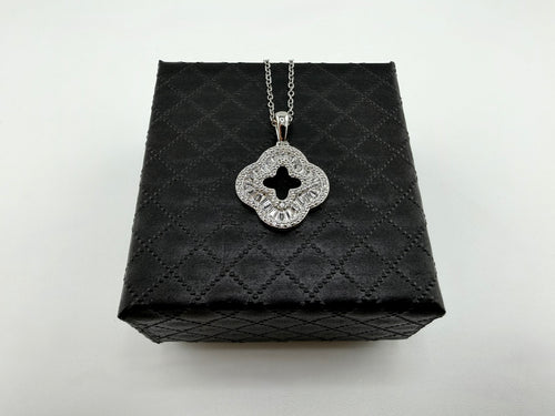 925 Sterling Silver Baguette & Pavé CZ Open Clover Quatrefoil Pendant Necklace