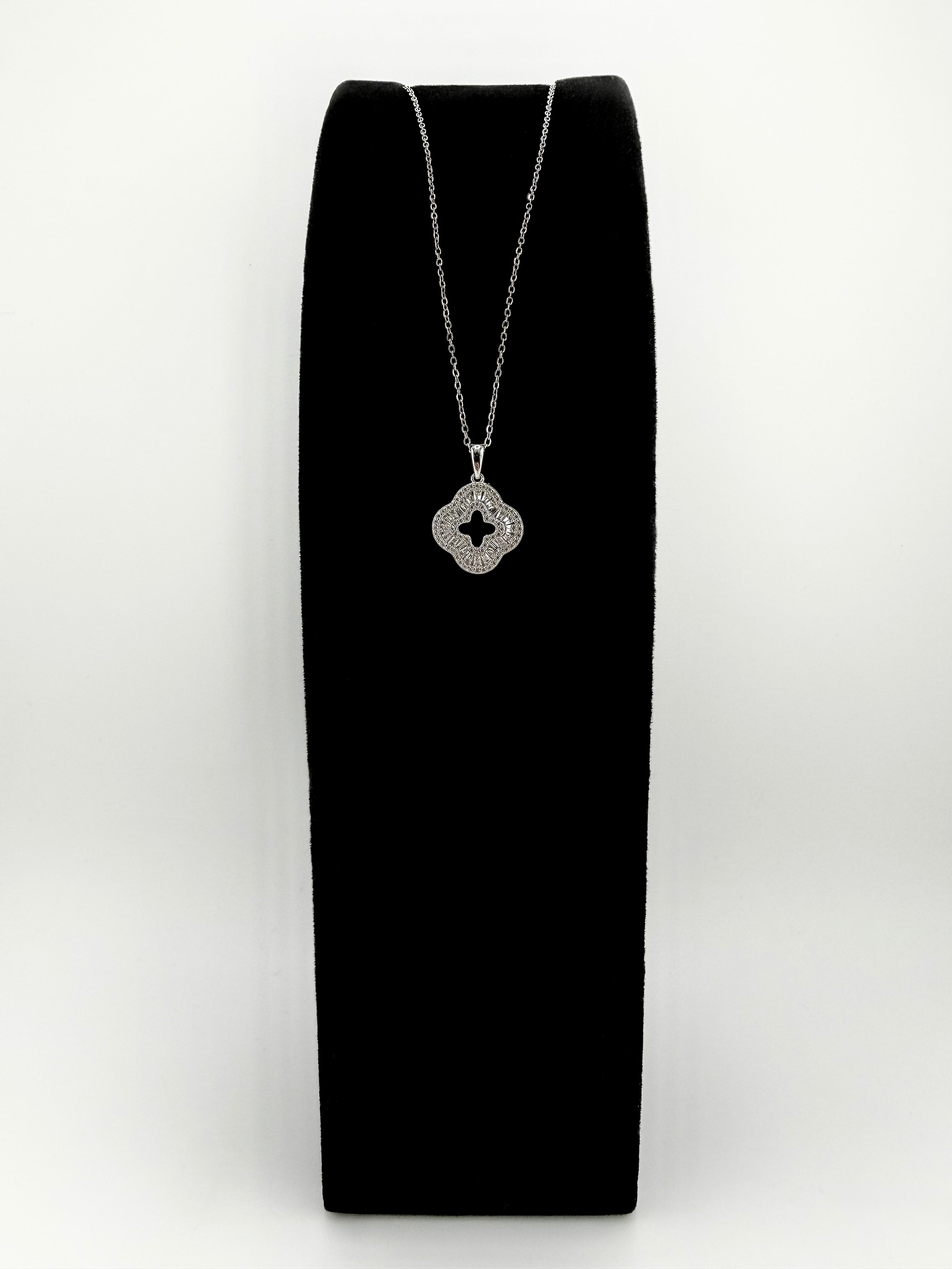 925 Sterling Silver Baguette & Pavé CZ Open Clover Quatrefoil Pendant Necklace