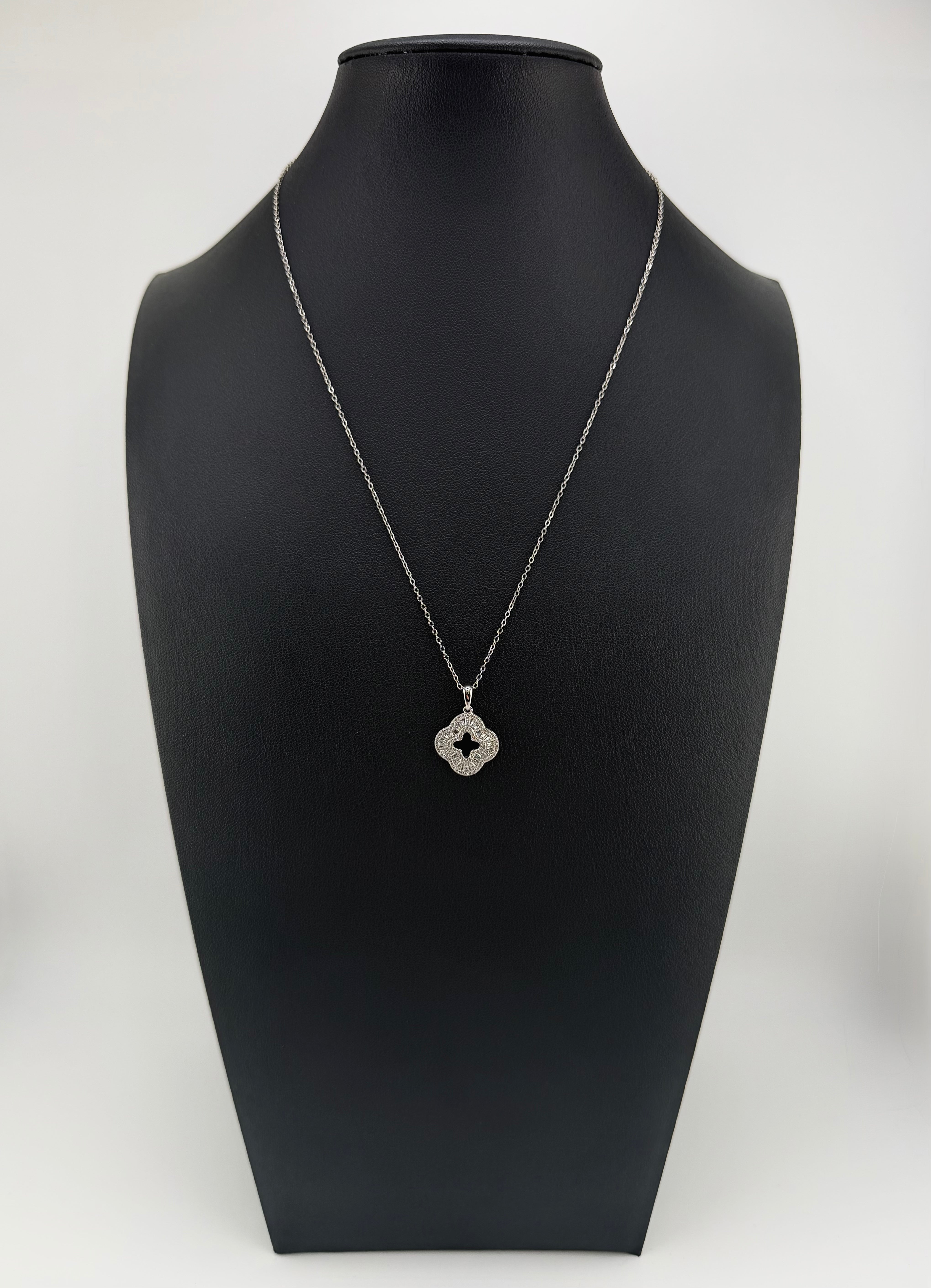 925 Sterling Silver Baguette & Pavé CZ Open Clover Quatrefoil Pendant Necklace