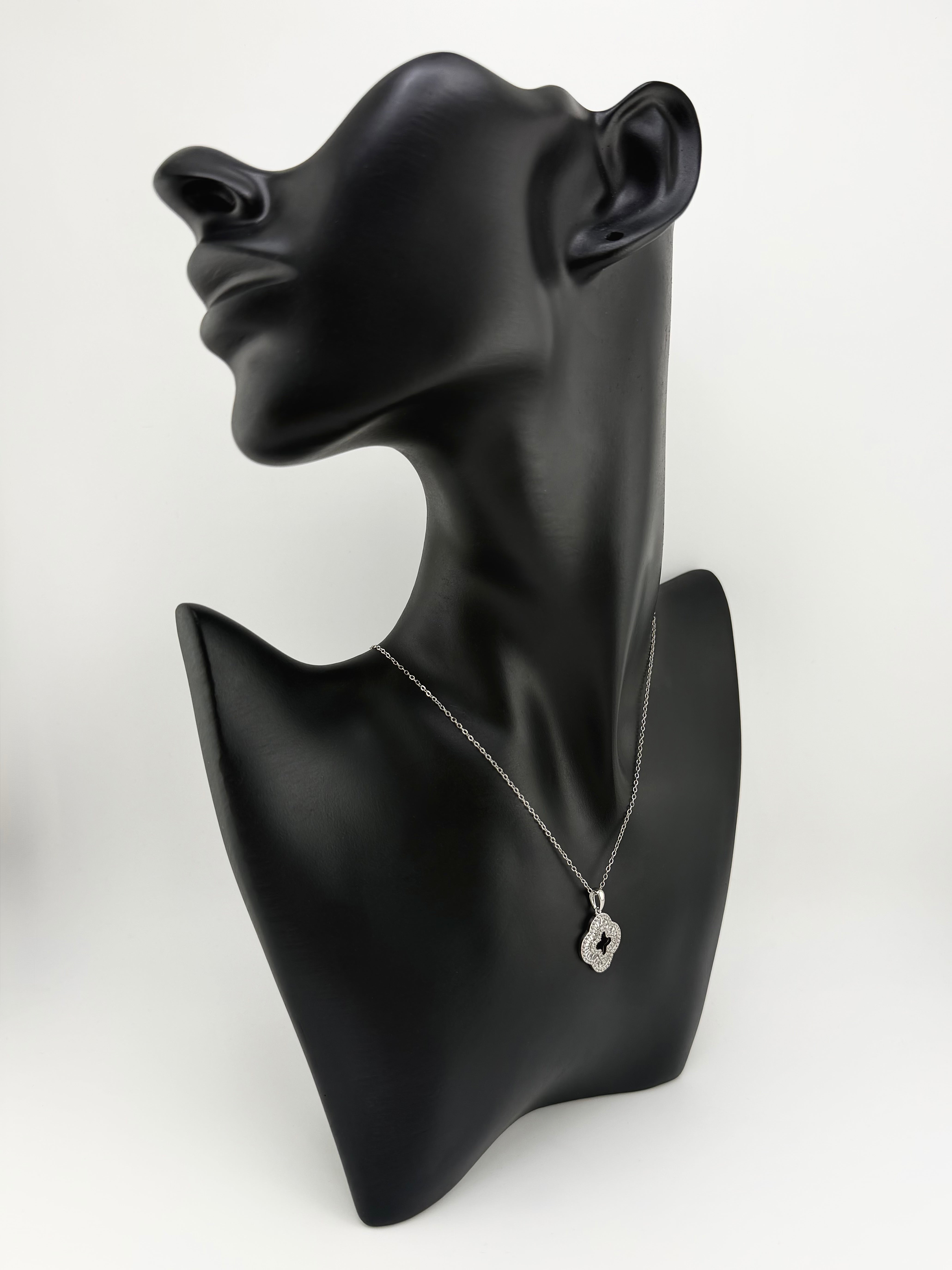 925 Sterling Silver Baguette & Pavé CZ Open Clover Quatrefoil Pendant Necklace